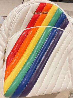 Michael Kors White Quilted Backpack with Rainbow Diagonal Stripes